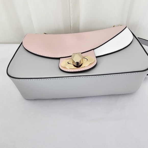 Made In Italy Smooth Leather Handbag Pink White and Gray With Strap - Picture 5 of 9